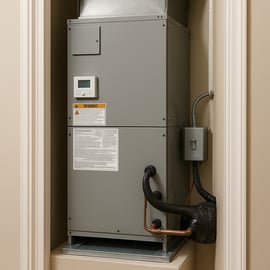 create picture of an electric hvac air handler inside an hvac closet to show all components on the exterior of the unit